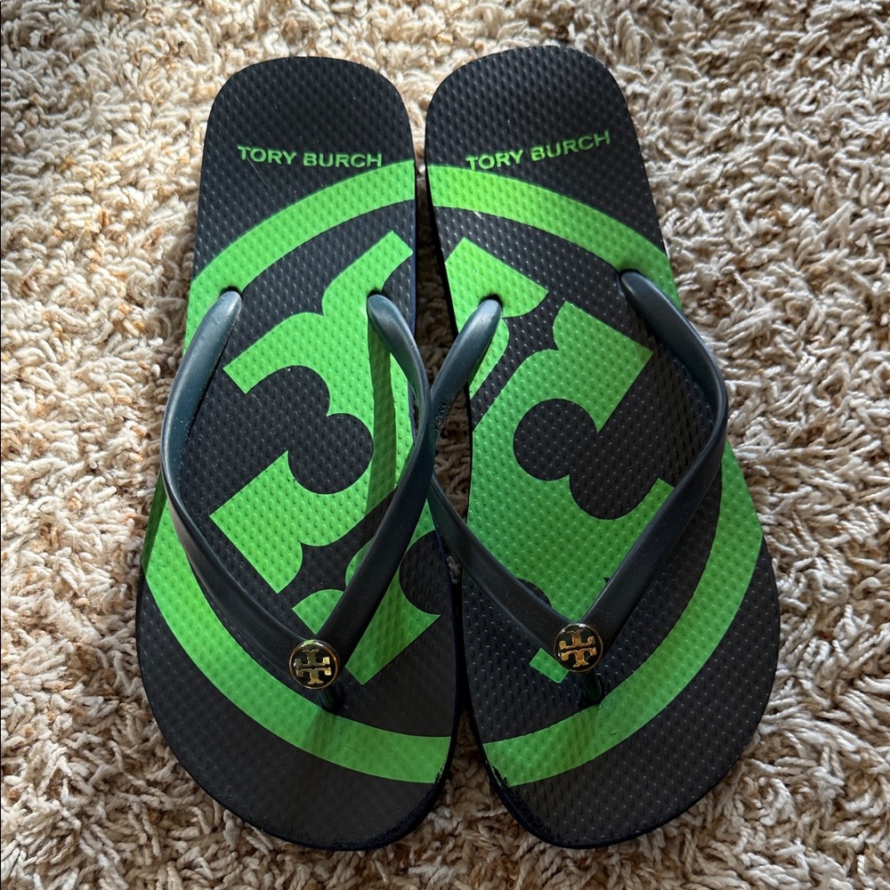 Tory Burch Navy and Green Logo Flip Flops